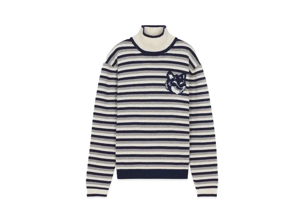 Maison Kitsune Fox Head Intarsia Comfort Stripe High Neck Jumper "Navy/White"