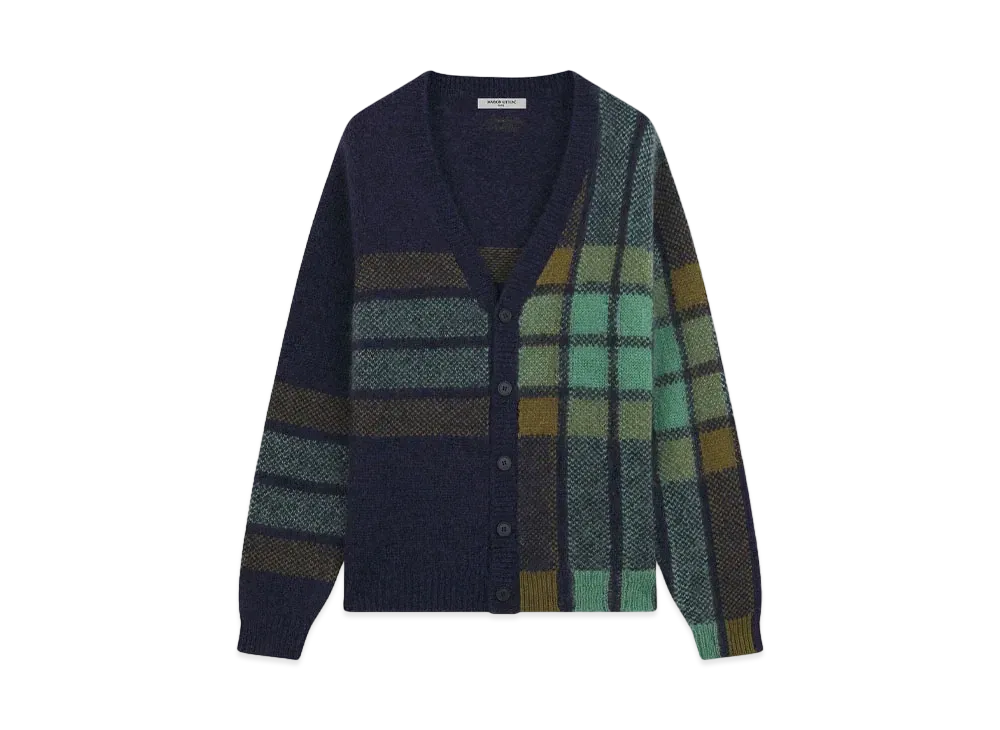 Maison Kitsune Graphic Check Intarsia Cardigan "Ink Blue/Eucalyptus"