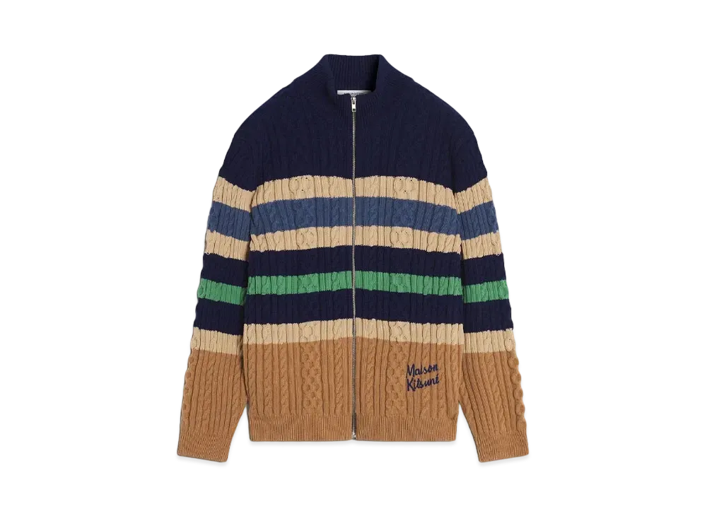 Maison Kitsune Striped Cable Zip Cardigan "Navy/Chamomile"
