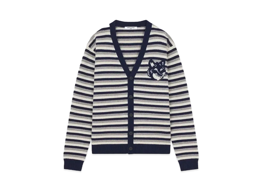 Maison Kitsune Fox Head Intarsia Stripe Comfort Cardigan "Navy/White"