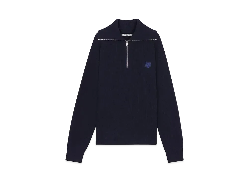 Maison Kitsune Bold Fox Head Patch Half Zip Rib Jumper "Ink blue"