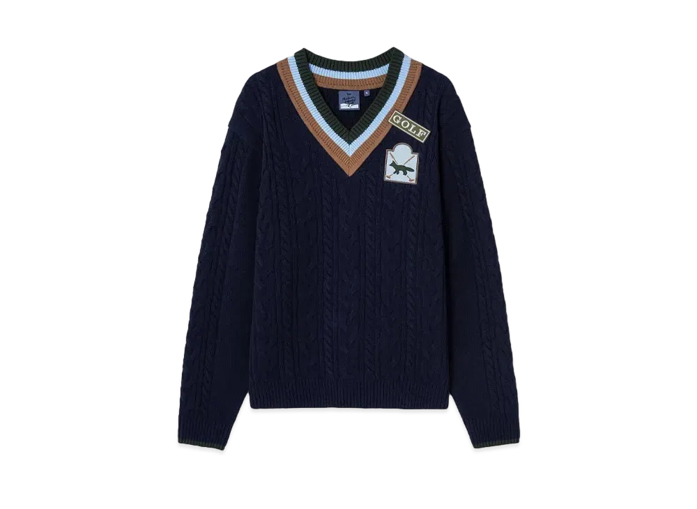 Maison Kitsune Cable V-Neck Pullover Sweater "Navy"