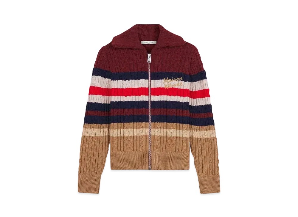 Maison Kitsune Striped Cable Zip Cardigan "Cherrywood/Chamomile"