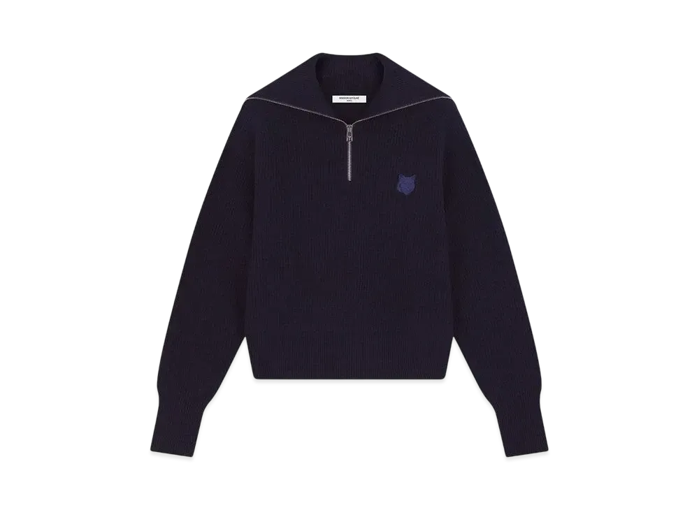 Maison Kitsune Women'S Bold Fox Head Patch Half Zip Rib Jumper "Ink Blue"