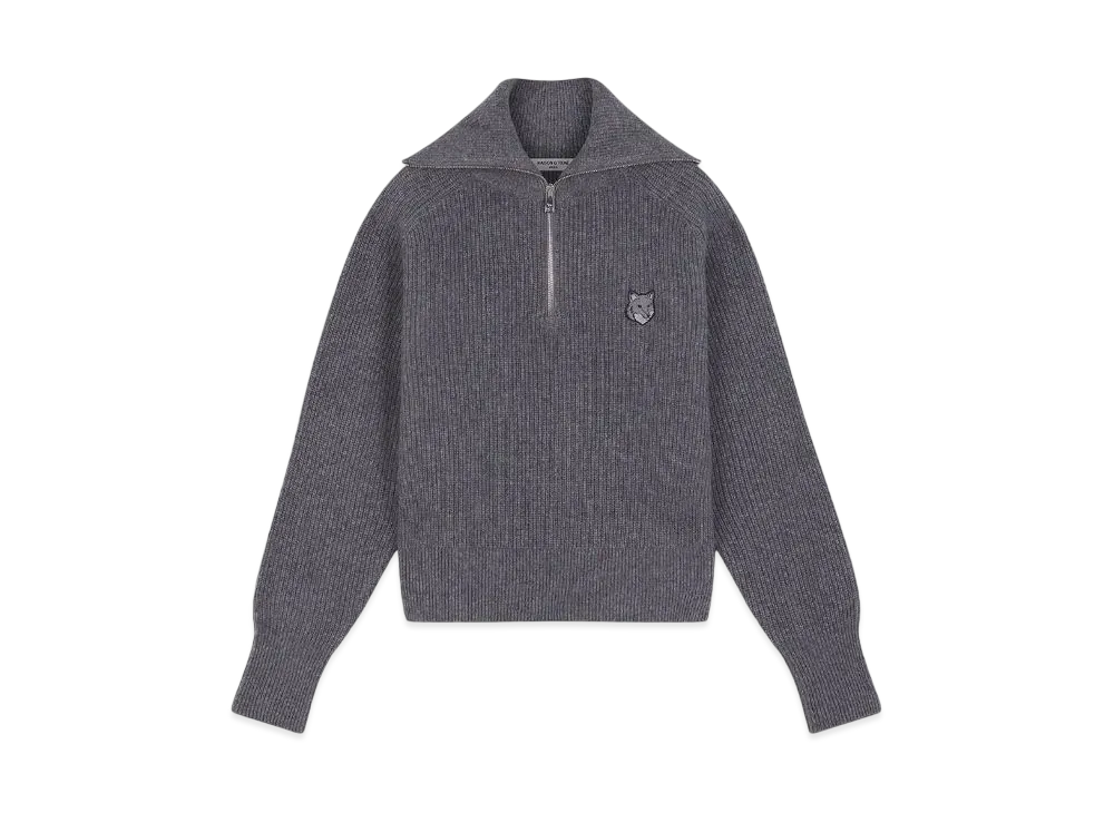 Maison Kitsune Women'S Bold Fox Head Patch Half Zip Rib Jumper "Medium Grey Melange"