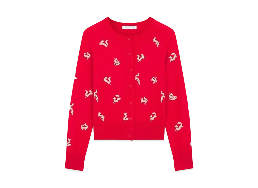 Maison Kitsune Fancy Fox Embroidered Cardigan "Wild Strawberry"