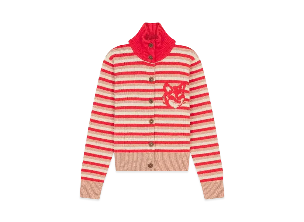 Maison Kitsune Fox Head Intarsia Striped High Neck Cardigan "Strawberry/White"