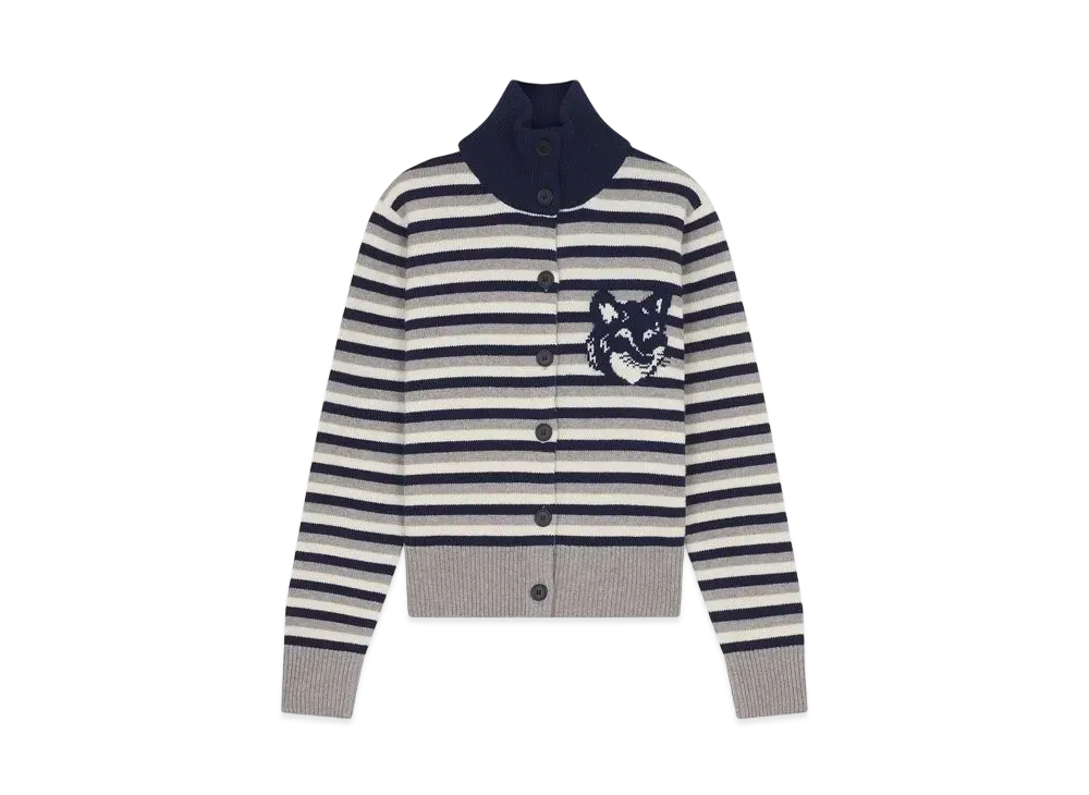 Maison Kitsune Fox Head Intarsia Striped High Neck Cardigan "Navy/White"