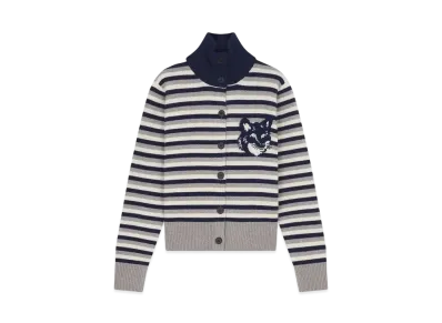 Maison Kitsune Fox Head Intarsia Striped High Neck Cardigan "Navy/White"