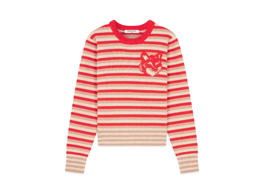 Maison Kitsune Fox Head Intarsia Stripe Regular Jumper "Strawberry/White"