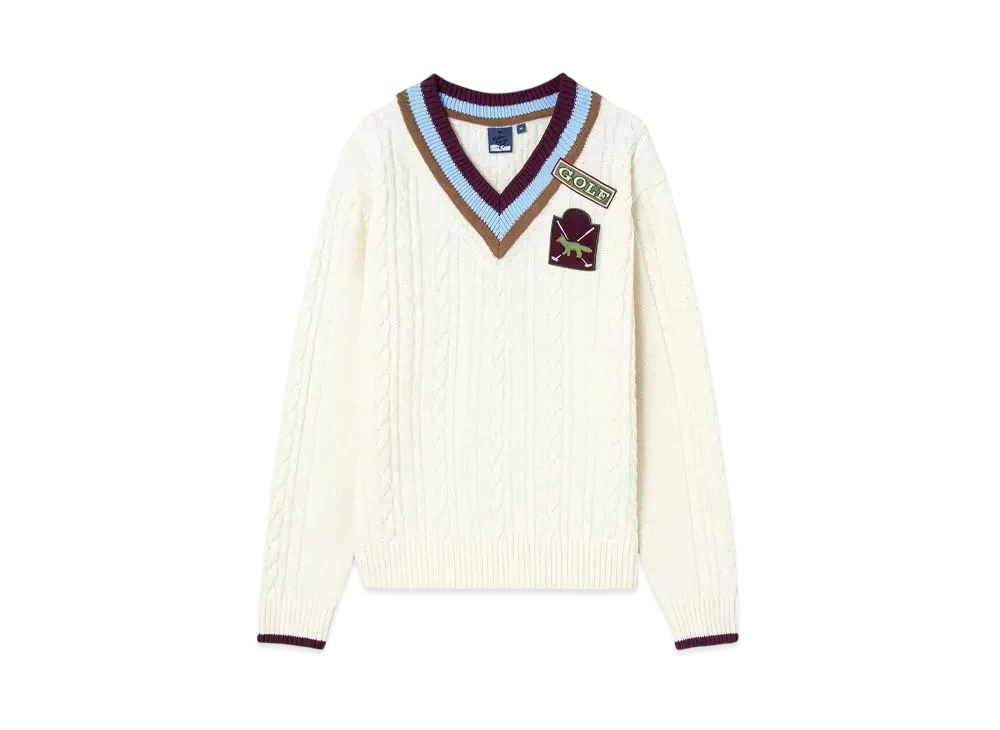 Maison Kitsune Cable V-Neck Pullover Sweater "Off Whie"