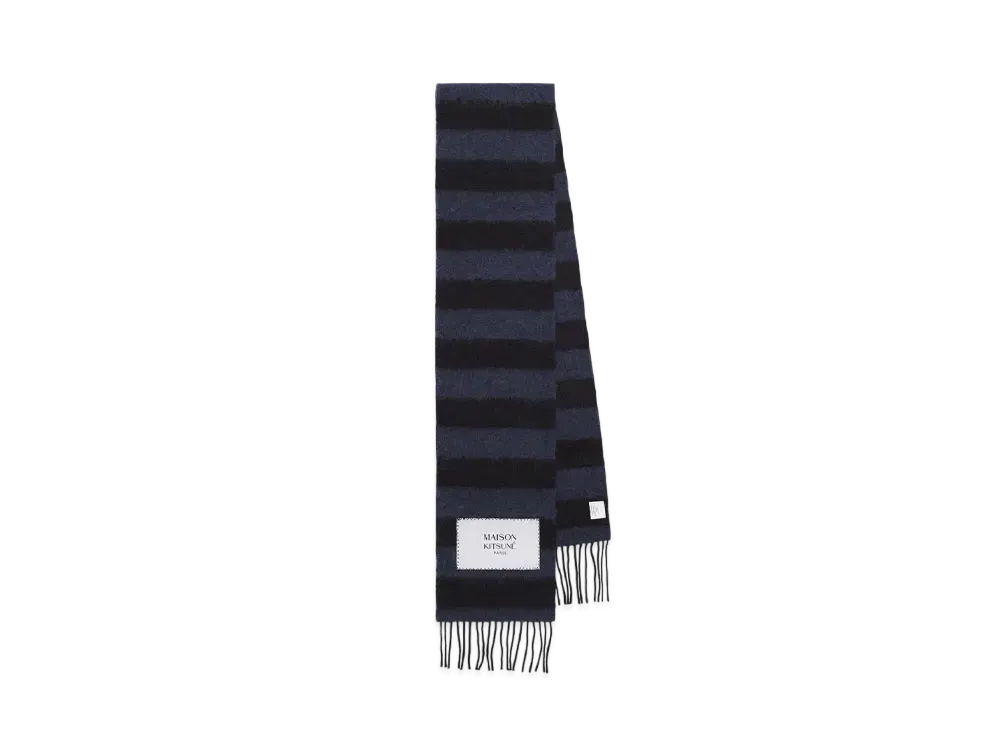 Maison Kitsune Festive Baby Alpaca Stripe Scarf "Black/Ink Blue"