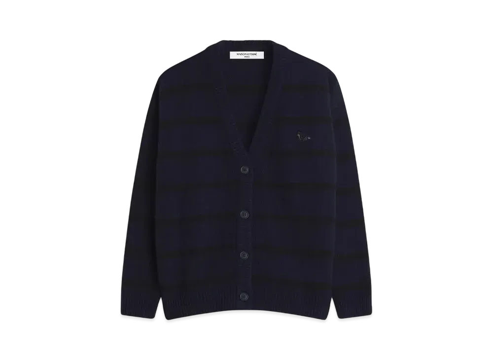 Maison Kitsune Festive Profile Fox Patch Stripe Cardigan "Black/Ink Blue"