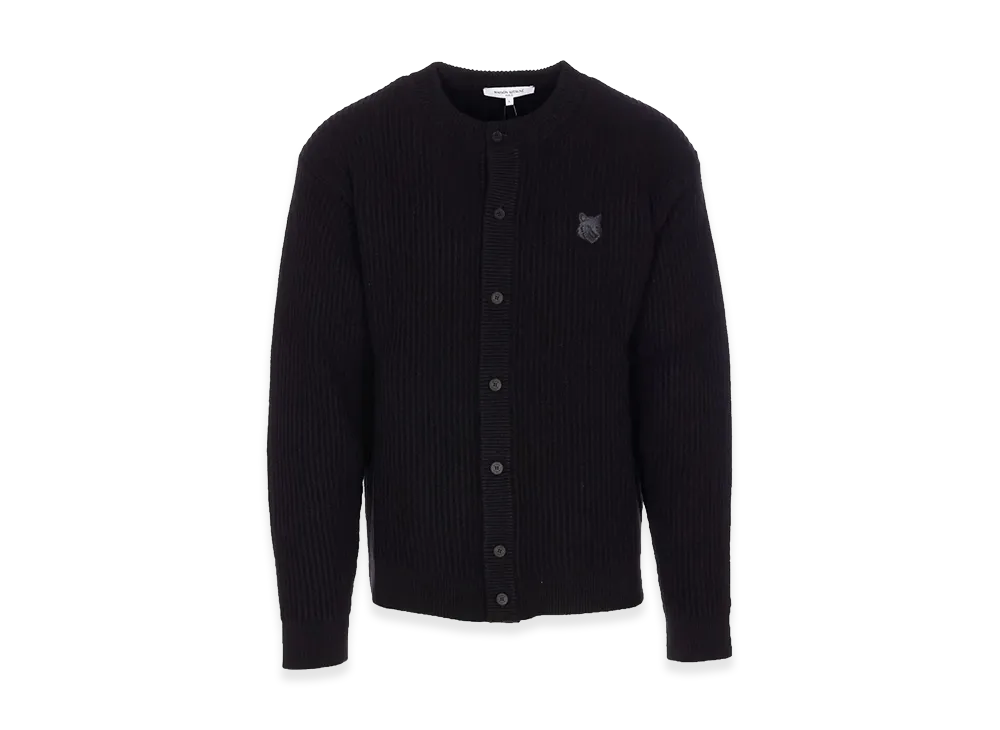 Maison Kitsune Fox Head Wool Ribbed Cardigan "Black"