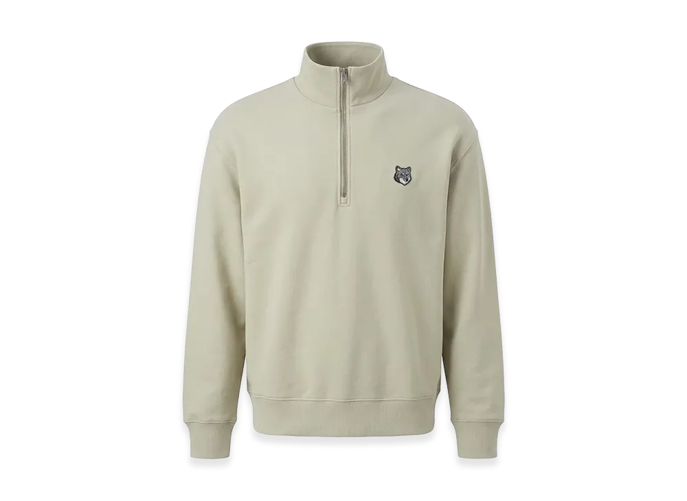 Maison Kitsune Half Zip Embroidery Stand Collar Pullover Sweatshirt Fox Head "Beige"