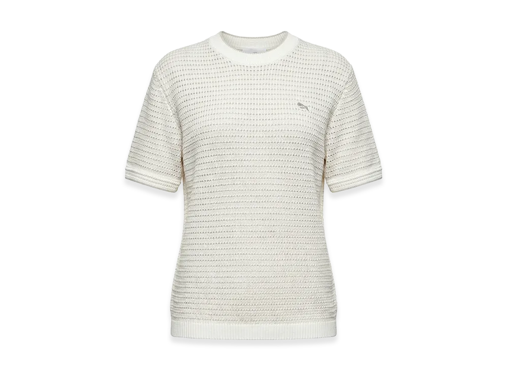 Maison Kitsune Women's Knit Short Sleeve T-Shirt Lace Knit Striped One-Point Crewneck Pullover "Beige"