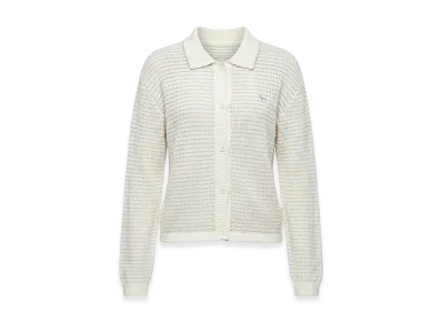 Maison Kitsune Women's Long Sleeve Cardigan Lace Knit Striped One-Point Collared Knit "Beige"