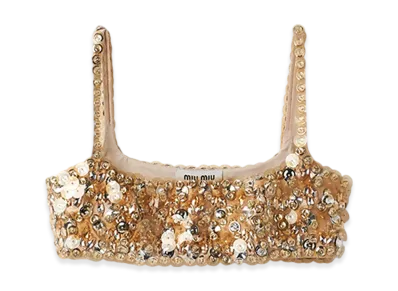 MIU MIU Women's Embroidered Silk and Wool Top "Sand Beige"