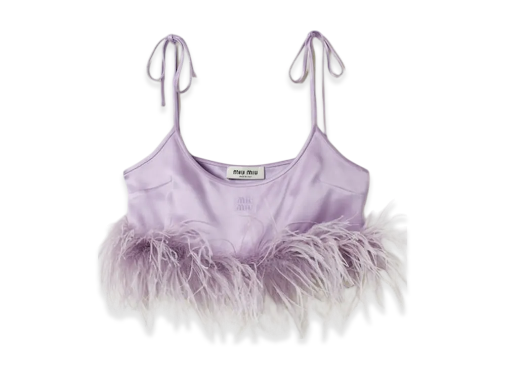 MIU MIU Women's Feather Trimmed Satin Top "Lilac"
