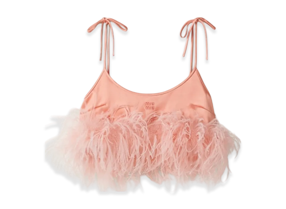MIU MIU Women's Feather Trimmed Satin Top "Coral"