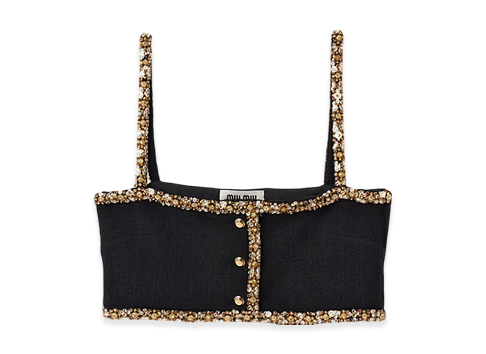 MIU MIU Women's Embroidered Tweed Top "Black"