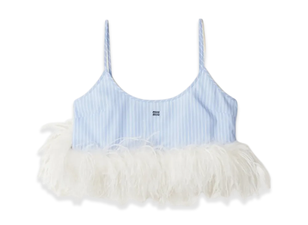 MIU MIU Women's Feather Trimmed Striped Cotton Top "Sky Blue/White"