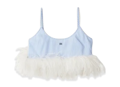MIU MIU Women's Feather Trimmed Striped Cotton Top "Sky Blue/White"