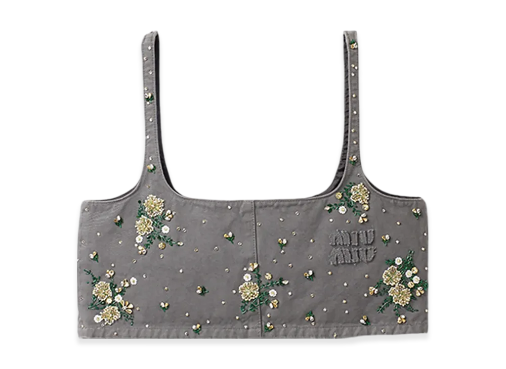 MIU MIU Women's Embroidered Garment-Dyed Gabardine Top "Iron Gray"
