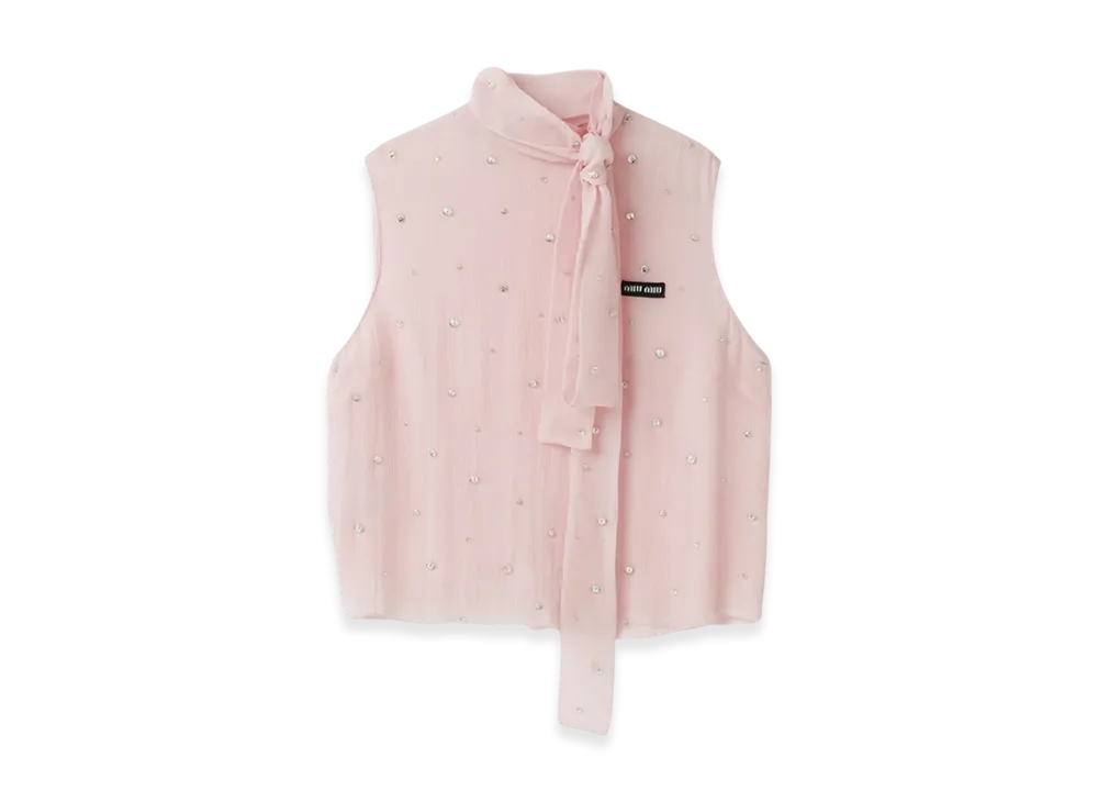 MIU MIU Women's Diamante Embellished Chiffon Top "Alabaster Pink"