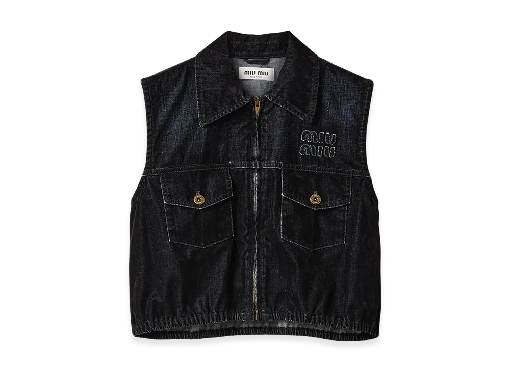 MIU MIU Women's Washed Flocked Chambray Top "Black"