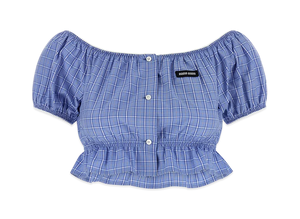 MIU MIU Women's Check Crop Short Sleeve Shirt "Light Blue"