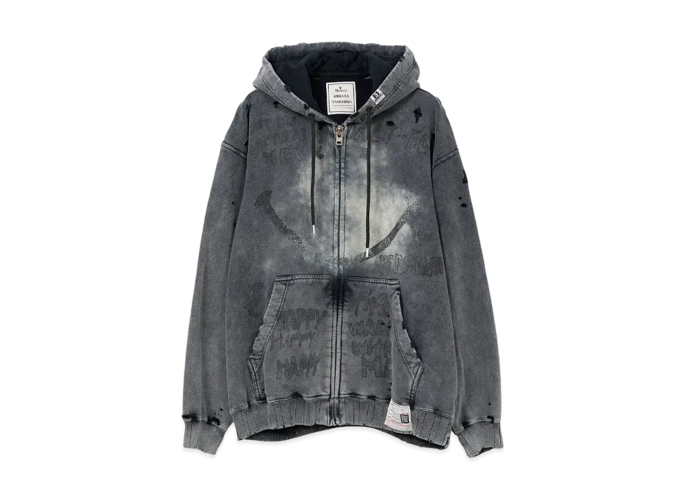 ミハラヤスヒロ ブリーチド スマイリー フェイス プリント ジップアップ フーディー "ブラック"