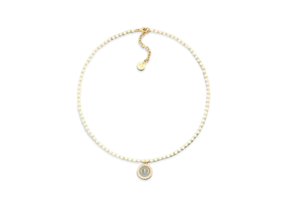 Dior Petit CD Baroque Necklace Metal with Resin Pearls and Glass "Gold/White/Sky Blue"