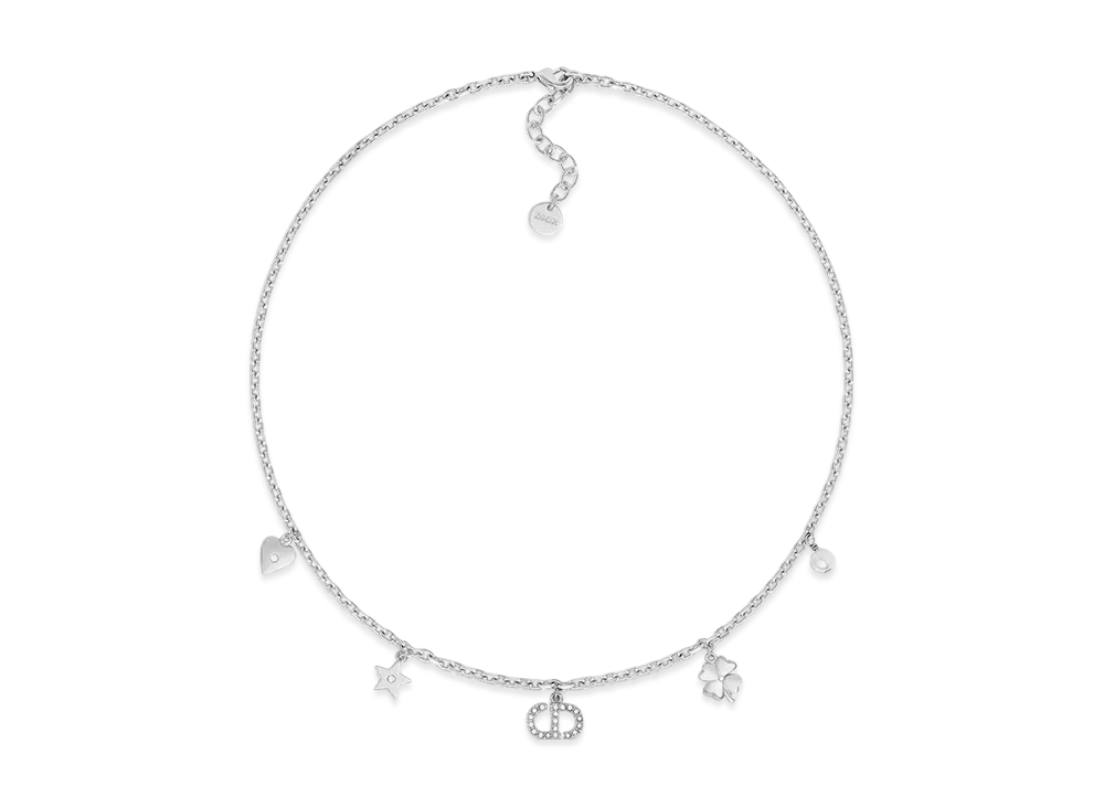 Dior Petit CD Lucky Charms Necklace Metal with Resin Pearl and Crystals "Palladium/White/Silver"