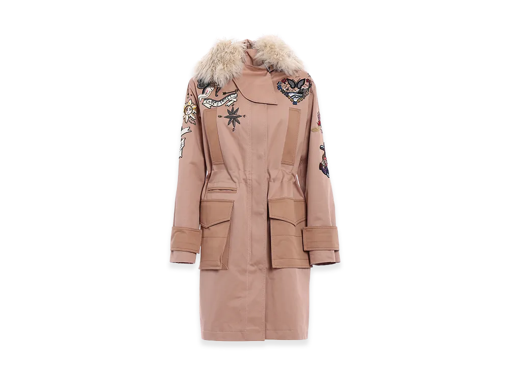 Valentino Women's Fur Trim Tattoo Embroidered Parka "Nude/Neutrals"