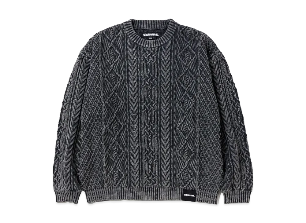 NEIGHBORHOOD Washed Crewneck Cable Sweater "Black"
