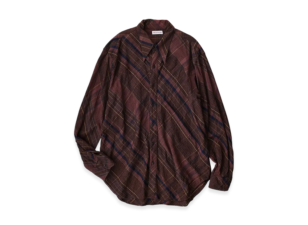 NICENESS Hellions Long Point Collar Shirt - Khadi Check "Brown"