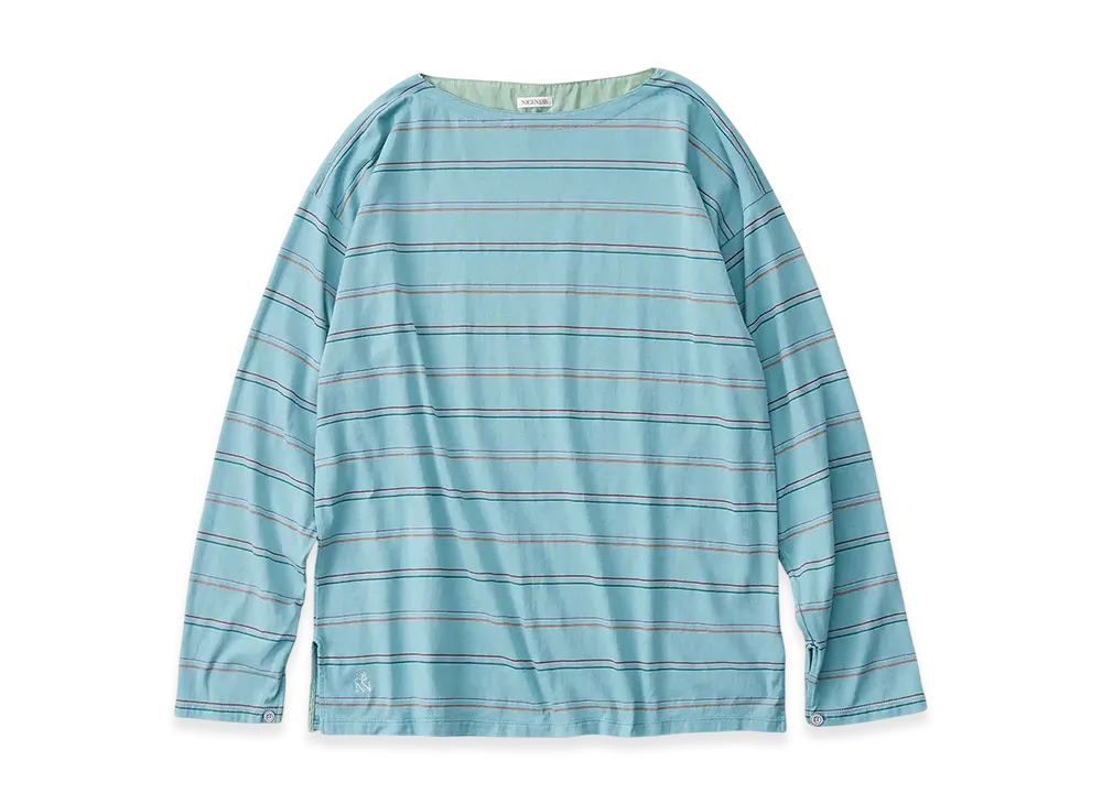 NICENESS M.Melvin Boat Neckline T Shirt Long Sleeve - Multi Stripe "Turquoise"