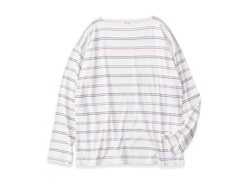 NICENESS M.Melvin Boat Neckline T Shirt Long Sleeve - Multi Stripe "White"
