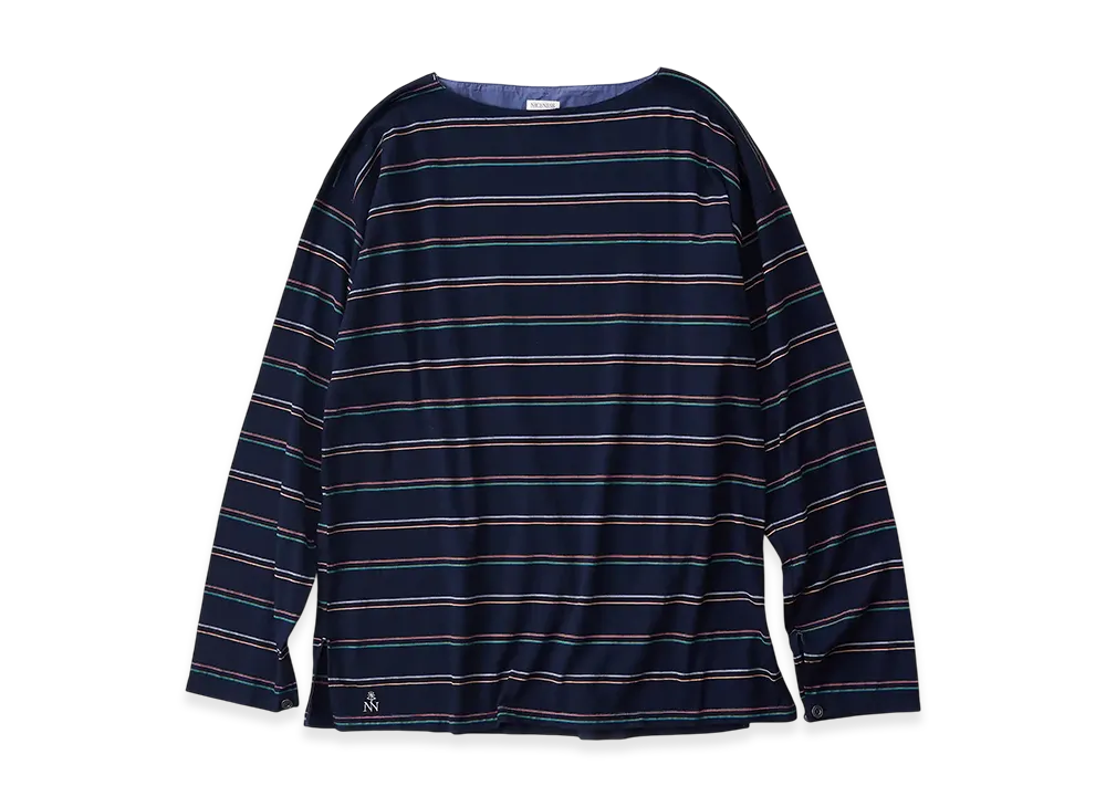 NICENESS M.Melvin Boat Neckline T Shirt Long Sleeve - Multi Stripe "Navy"