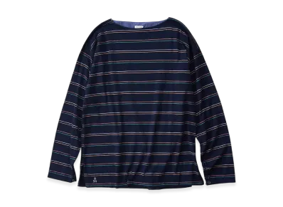NICENESS M.Melvin Boat Neckline T Shirt Long Sleeve - Multi Stripe "Navy"