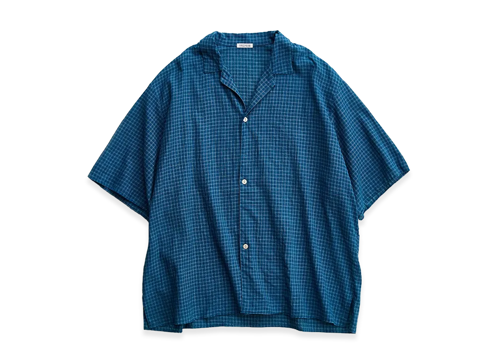 NICENESS I.Joshua Open Collar Shirt - Indigo Check "Indigo"