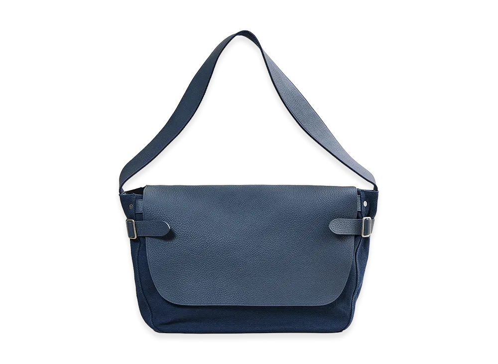 NICENESS Hefner Leather And Canvas Postman Bag "Blue Gray"