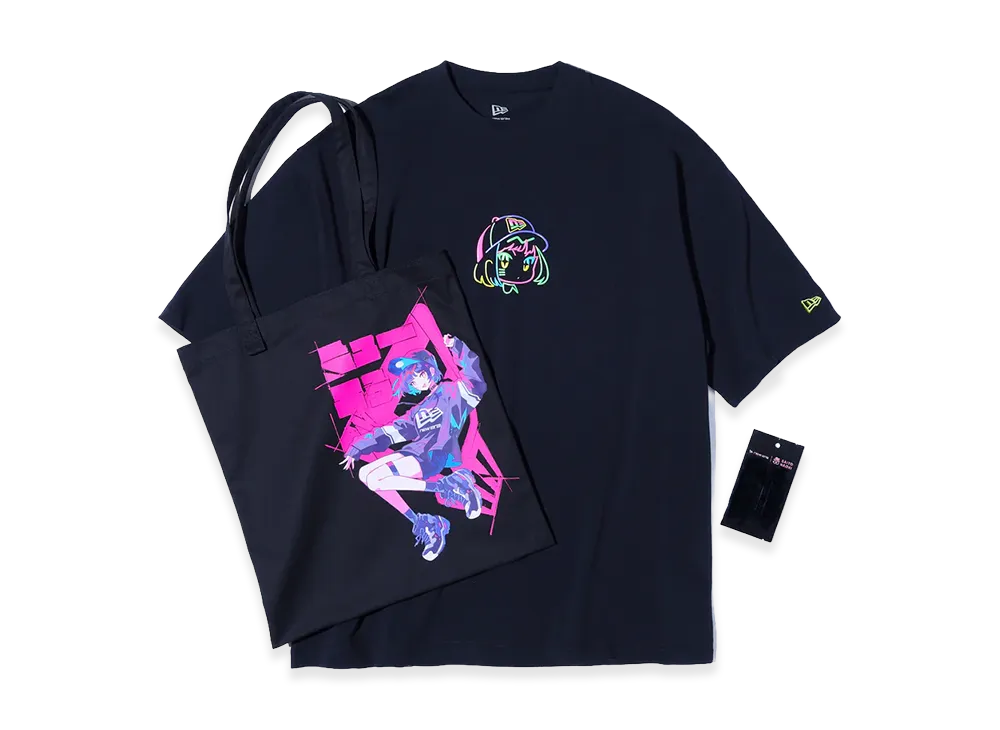 NEW ERA Short Sleeve Oversized Cotton T-Shirt Twill Tote Set Naoki Saito Front Print "Black"