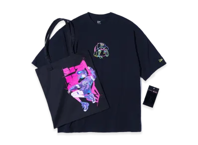 NEW ERA Short Sleeve Oversized Cotton T-Shirt Twill Tote Set Naoki Saito Front Print "Black"