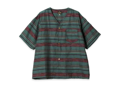 NEEDLES S/S V-Neck Shirt - Kasuri Border "Emerald"