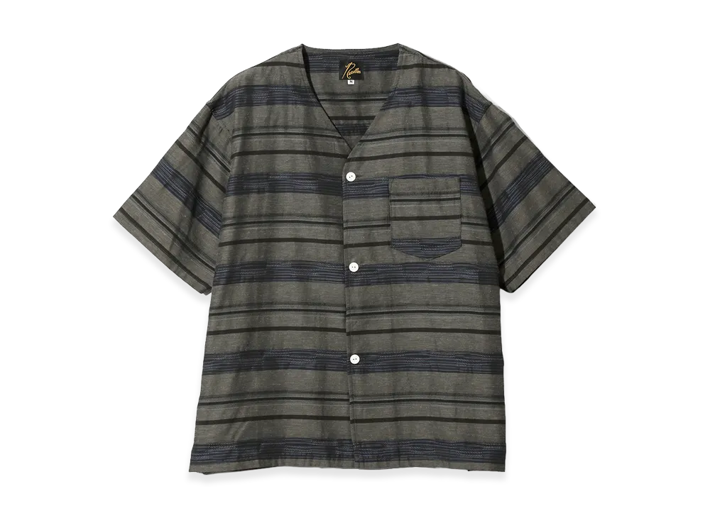 NEEDLES S/S V-Neck Shirt - Kasuri Border "Taupe"