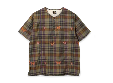 NEEDLES S/S Henry Neck Shirt - Emb MadrasPla "Brown"