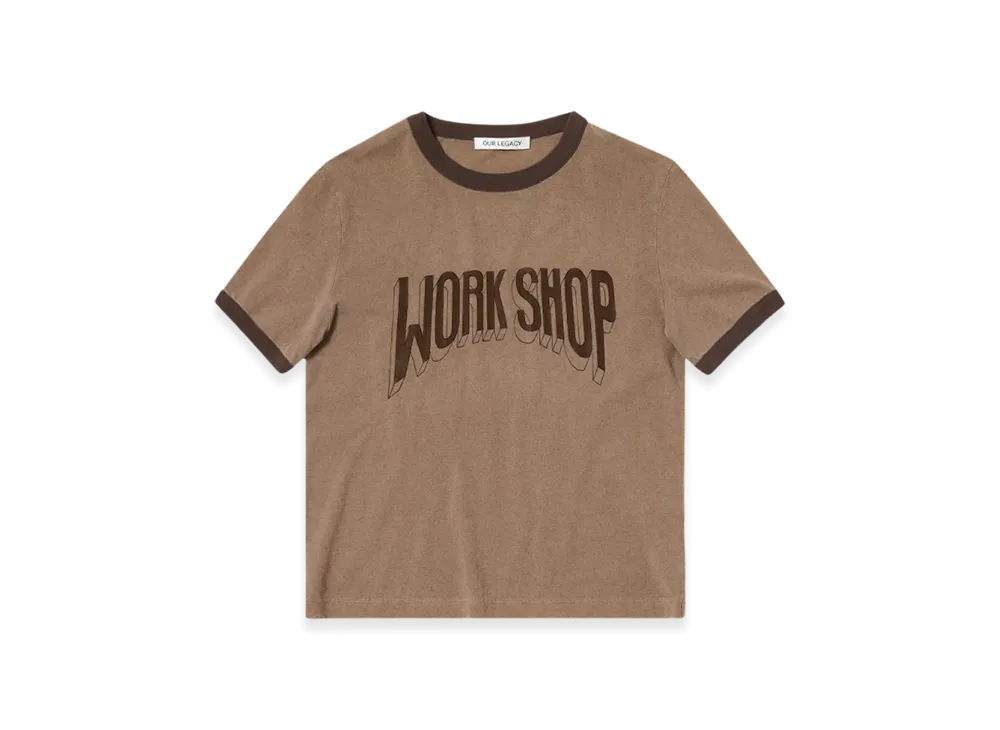 OUR LEGACY Work Shop Ringer T-Shirt Overdyed Earth Work Shop Print "Over Dyed Earth Work Shop Print"