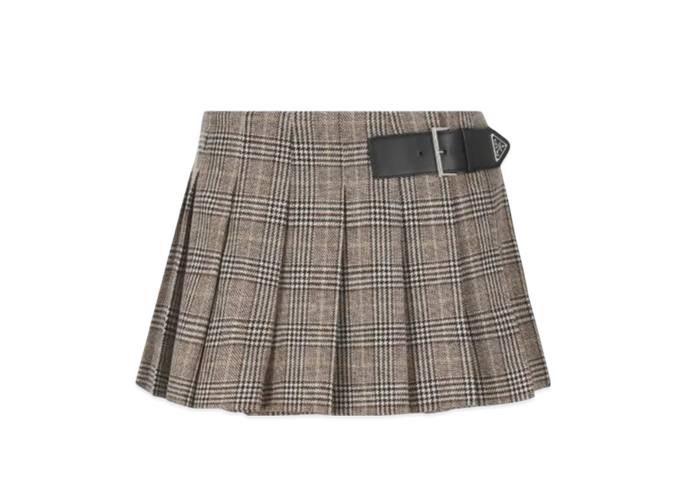 PRADA Women's Houndstooth Logo Belt Pleated Mini Skirt "Camel Brown"